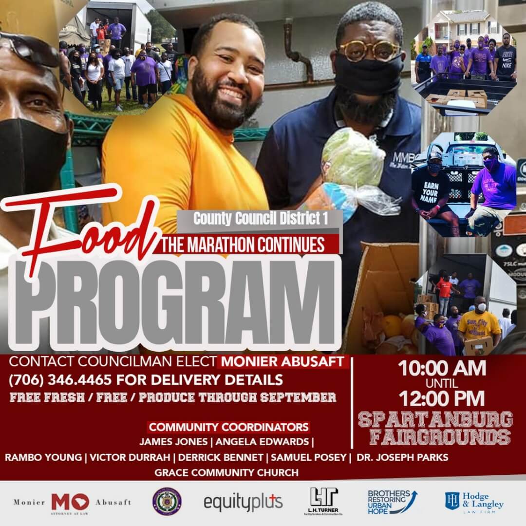 A food program flyer featuring two men and a woman, promoting community engagement and healthy eating initiatives